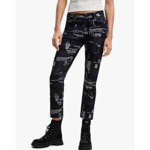 Desigual XS Women’s Slim Fit Pants Black Newspaper Print Trousers